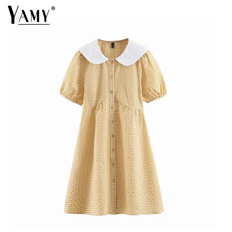 Летнее платье boho kawaii белое желтое в клетку Элегантное повседневное винтажное