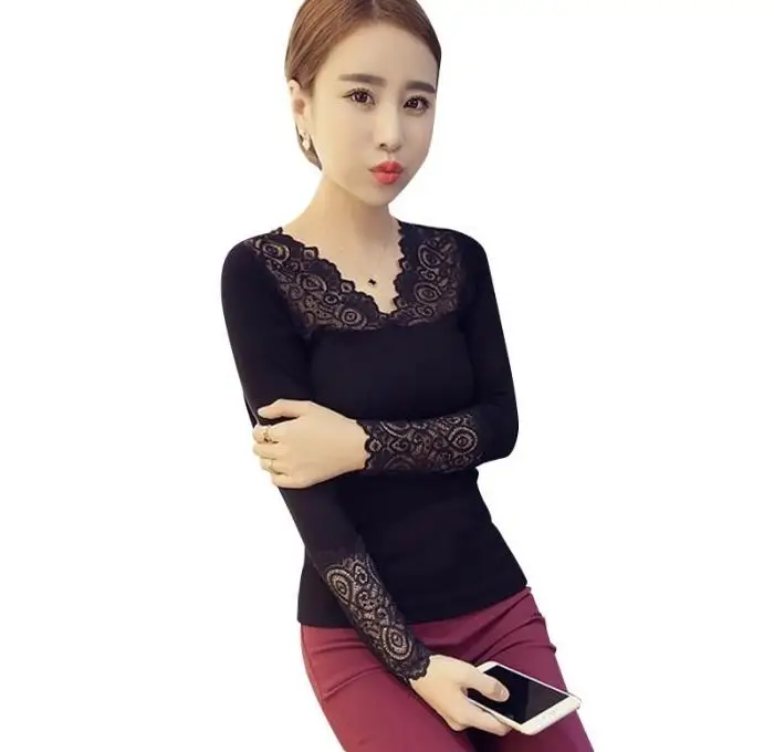 Femininas Blusas 2019 Women Blouses Spring Autumn Fashion Sexy Slim Shirt Tops Lace Long Sleeve V-Neck Leisure Patchwork | Женская