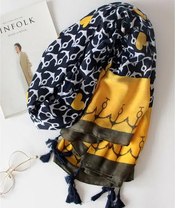 

2017 New Anchor And Heart Print Tassel Scarf Long Cotton Anchor Pattern Wrap Shawls Hijab Wholesale 10pcs/LOT Free Shipping