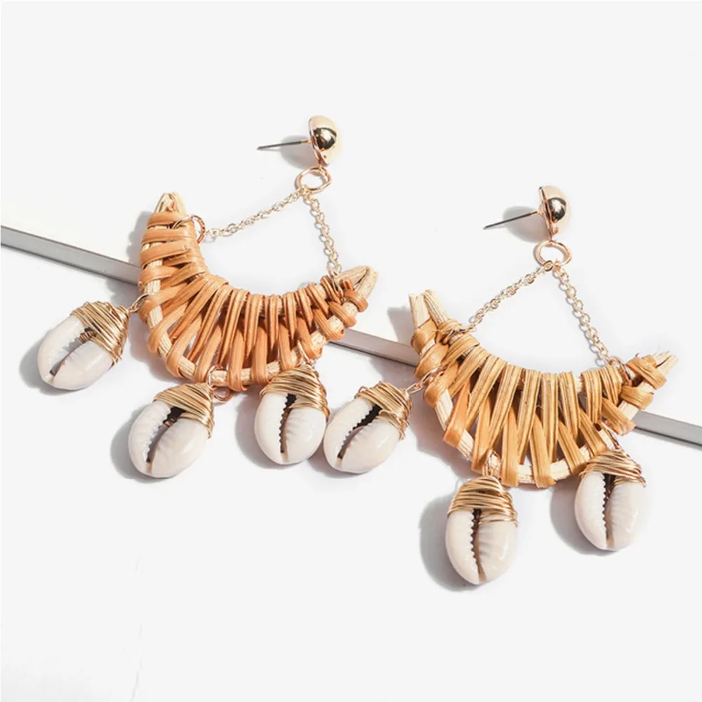 New Summer Beach Ocean Wind Half MoonWoven Rattan Earrings For Women Female Big Circle Bohemian Conch Jewelry | Украшения и