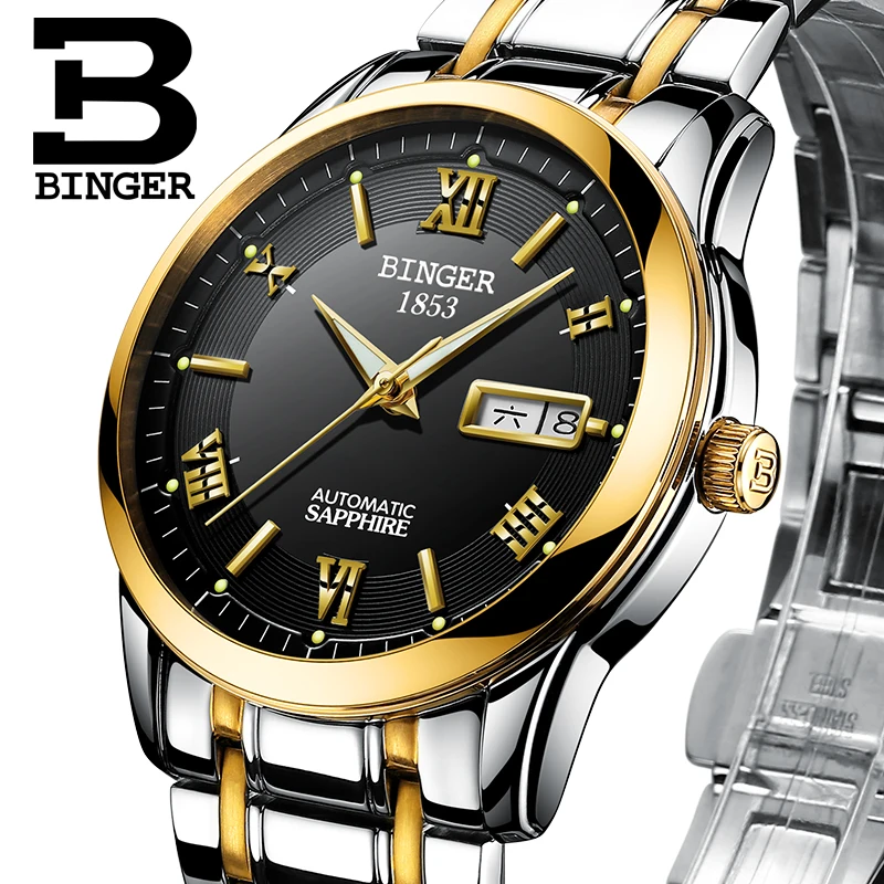 Mens Watches Top Brand Luxury Automatic Mechanical Watch Clock BINGER 2017 New Series Auto Date Golden case relogio masculino| |