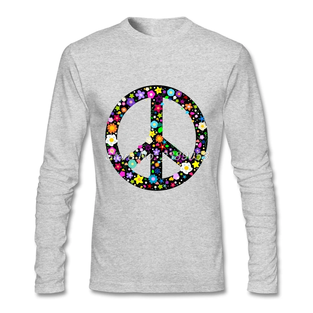 2016 New Coming Men T shirt Long Sleeve Floral Peace Sign Slim Fit T-shirt Custom Made Organic Cotton Man T-Shirt | Мужская одежда