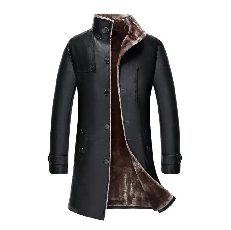 

Hot New Plus Size Men's Business Casual Leather jacket Men Korean Winter Warm stand collar Outwear Mens Long Fur Coats M-5XL