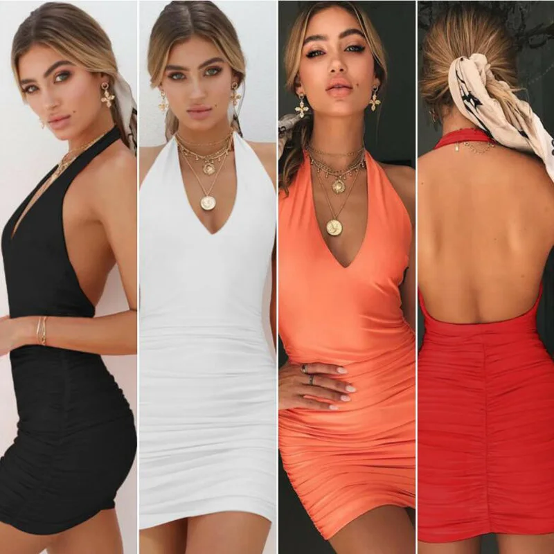 

Sexy Backless Deep V Neck Halter Club Bodycon Summer Dress Women Mini Sleeveless Casual Elegant Party Dresses