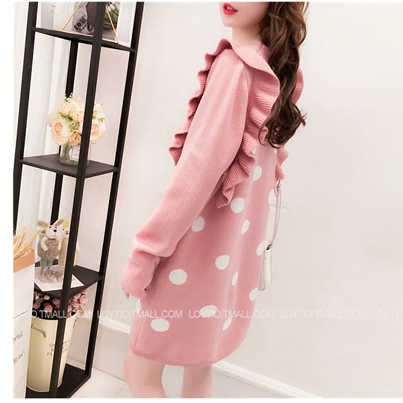 

High quality fashion straight polka dot long sleeve pullover sweater women's autumnwinter new ruffled sweater Chic dress Female