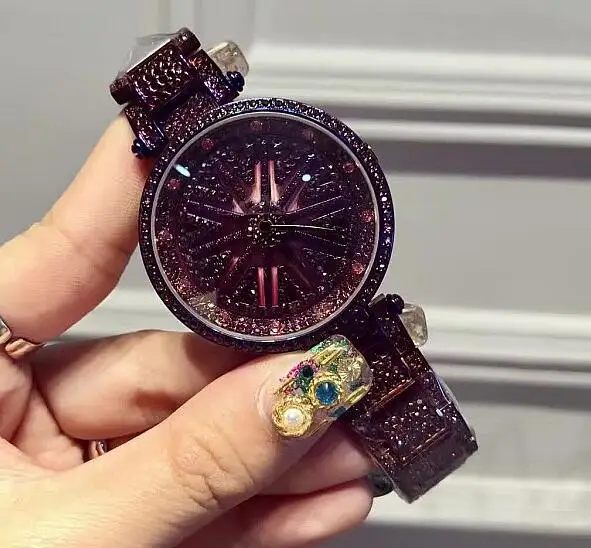 UKflag face purple Клевер на удачу женские часы леди сияющее вращение платье часы большой алмаз наручные часы с камнями розовое золото часы - Цвет: UKflag face purple