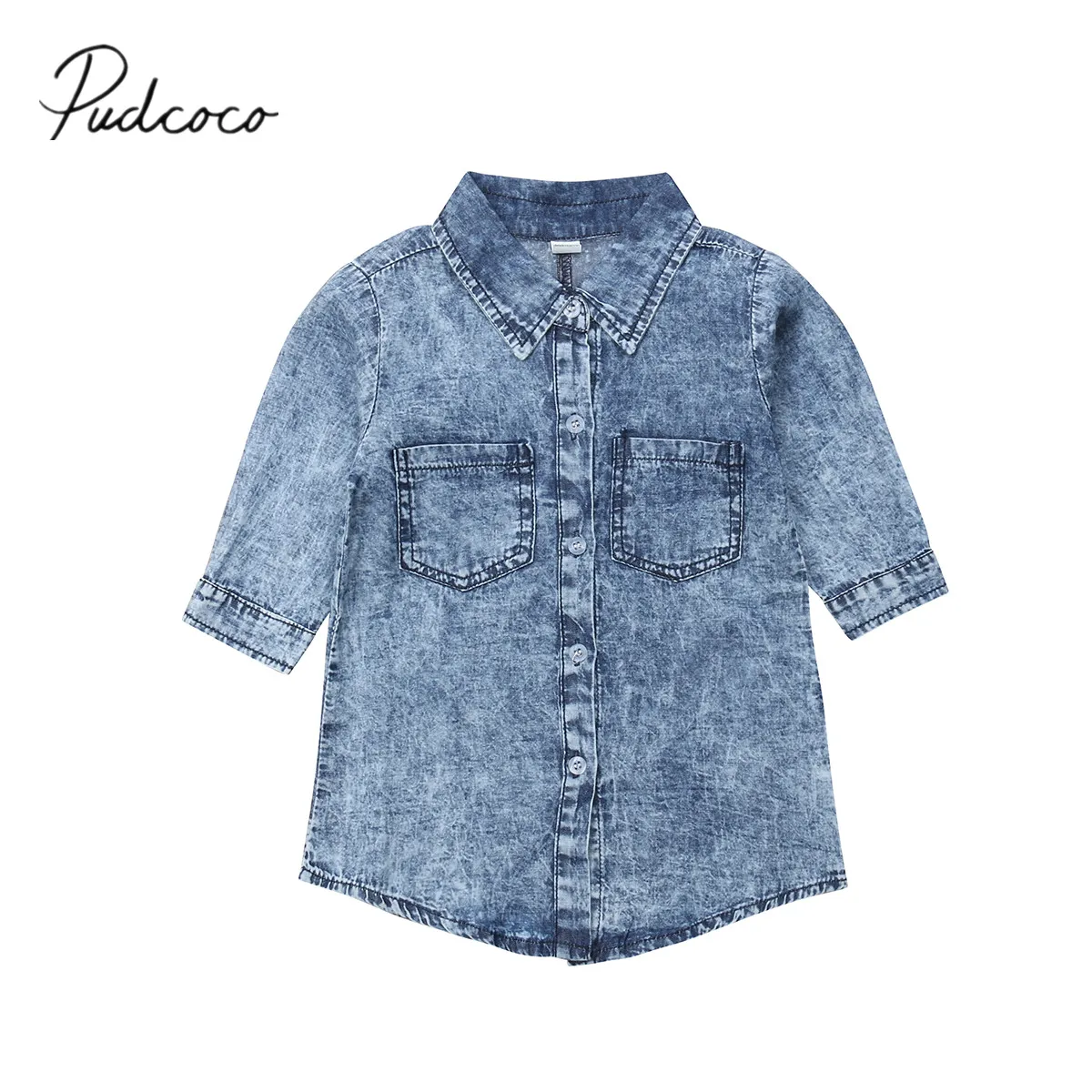 2018 Brand New 1-6Y Toddler Kids Baby Girl Autumn Denim Dress Long Sleeve Turn-Down Collar Single Breasted Blue Straight | Детская