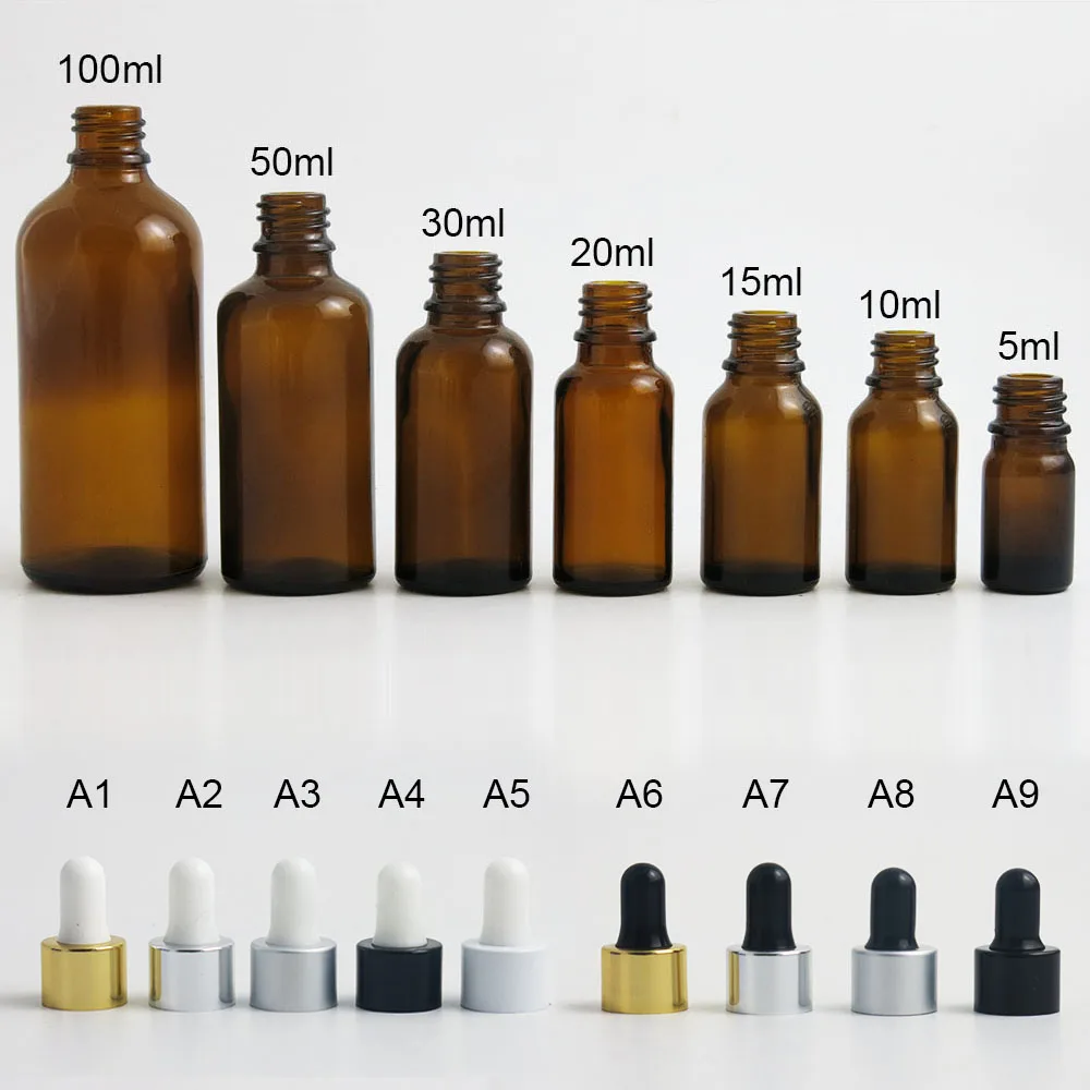 

360pcs/lot Dropper Bottle Glass Amber Refillable Container for Essential Oils 5ml 10ml 15ml 20ml 30ml 50ml 100ml Brown Vials