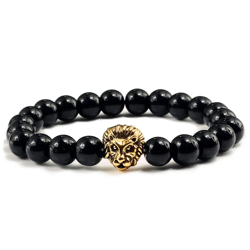 Bright-Black-golden Модные индивидуальные животные натуральный камень из вулканической лавы Браслеты серебряная Голова Золотого Льва бисерные браслеты Очаровательные мужские ювелирные подарки - Окраска металла: Bright-Black-golden