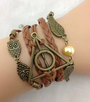 1 шт. античная бронза крылья и очаровательный браслет с совами воск шнуры кожаный