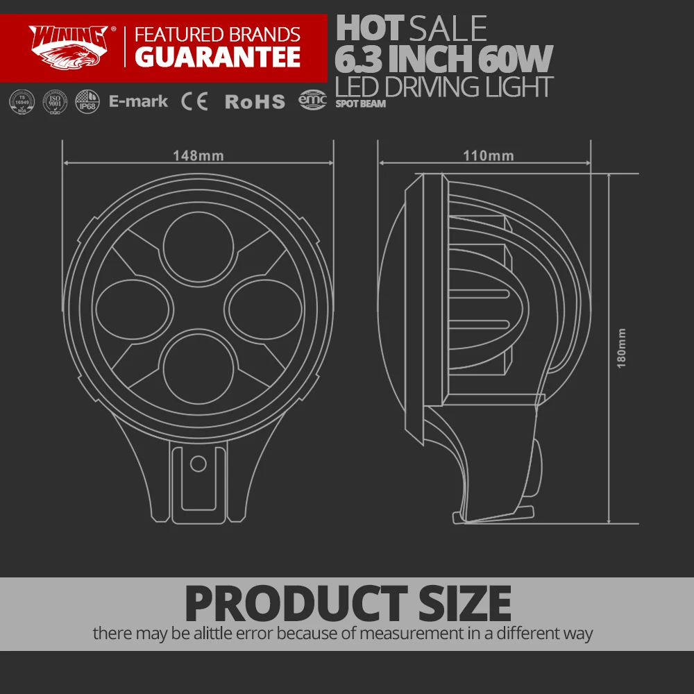 Очень яркий 6 дюймовый светодиодный вспомогательный светильник 60w рабочий s 12/24v с