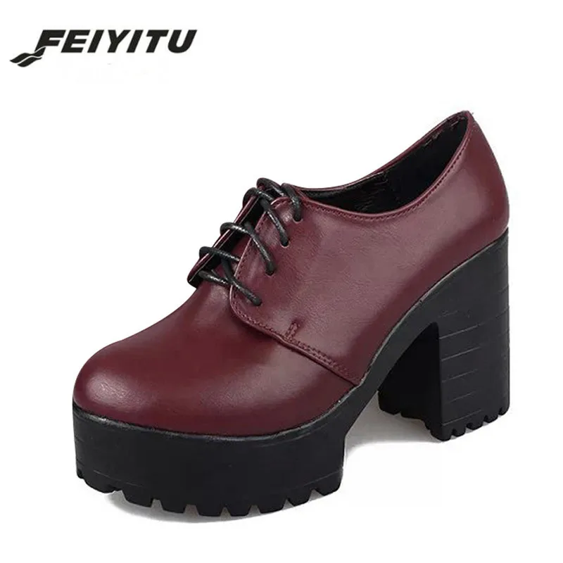 FeiYiTu/ горячая распродажа; Женская обувь в британском стиле; пикантные осенние женские туфли на высоком каблуке и платформе со шнуровкой; цвет красный, черный