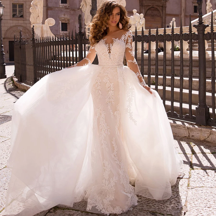 Lace Mermaid Detachable Tulle Skirt Long Sleeves Applique V neck Wedding Dress Robe De Mariee Sofuge Boho Dubai Arabic Abiti Da|Свадебные