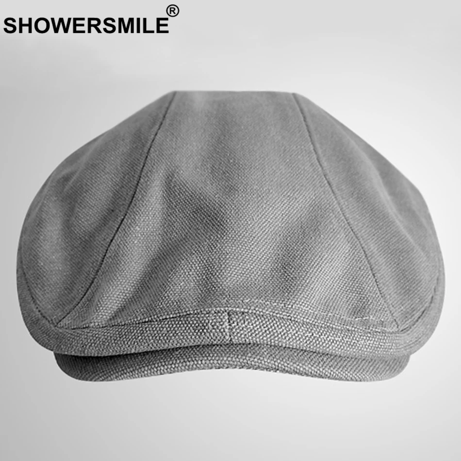 SHOWERSMILE мужские береты, хлопок, серые плоские кепки, мужские летние однотонные винтажные шапки для вождения, британский стиль Гэтсби