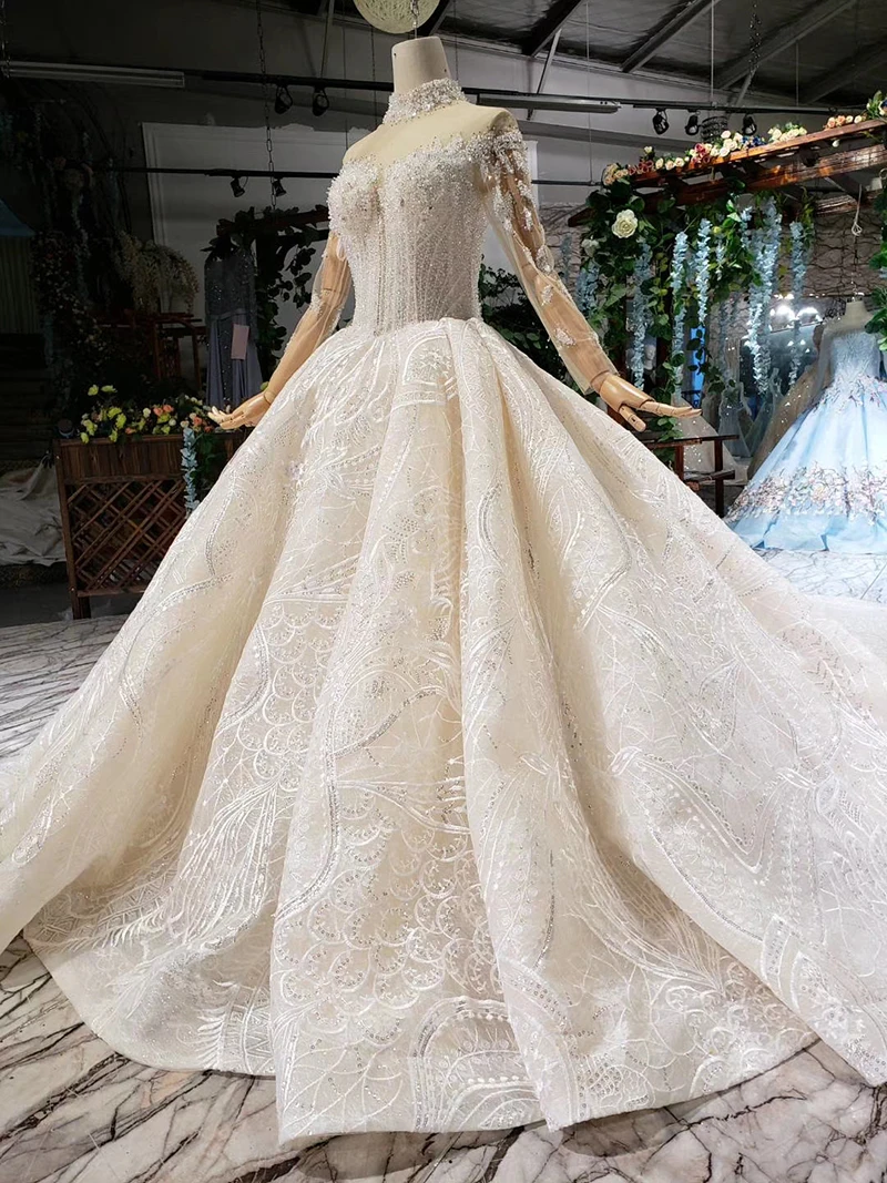 HTL475 Роскошные свадебные платья с вуалью для свадьбы, с высоким воротом, с длинными тюлевыми рукавами, на пуговицах, свадебные платья со шлейфом, vestido de casamento