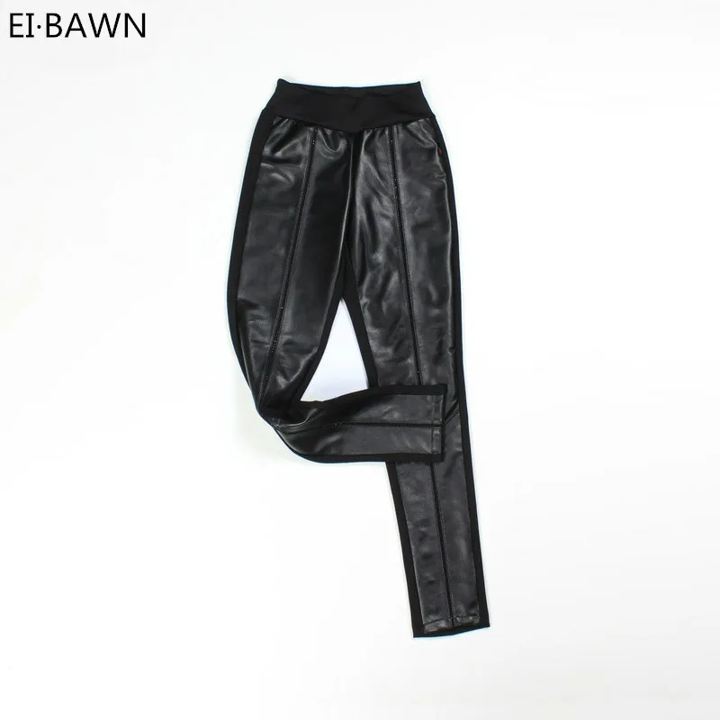 2020 New Arrival Women Pants Female Sheep Skin Slim Pants Black Elastic Waist High Waist Casual Trousers Streetwear Korean Style