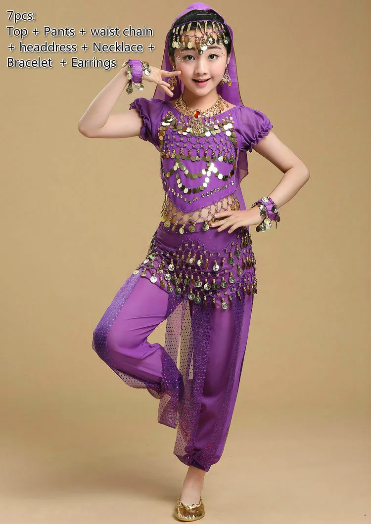 7pcs purple Детский костюм для танца живота для девочек, Детский костюм для выступлений, индийский танец живота, сексуальный Египетский танцевальный костюм, Одежда для танцев, 6 цветов - Цвет: 7pcs purple