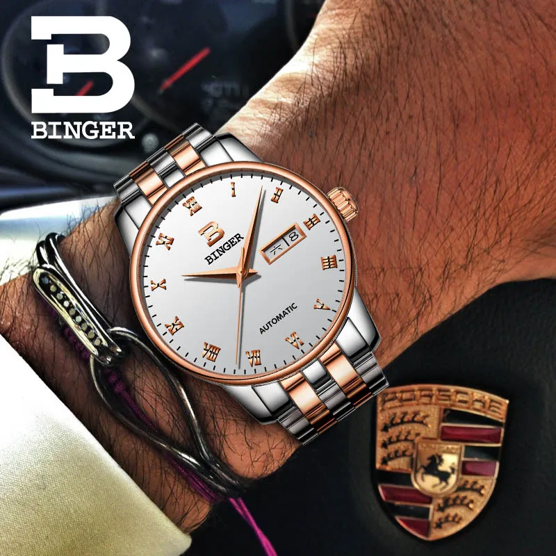 

Switzerland BINGER Automatic Watches Men Luxury Brand Business Mechanical Wristwatches Auto Date Men's Watch relogio masculino