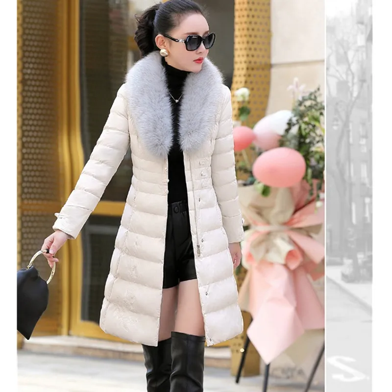 

UHYTGF Winter jacket Parker Women pu Leather Cotton warm coat luxury Big fur collar down jacket Thicken Slim outerwear Lady 1085