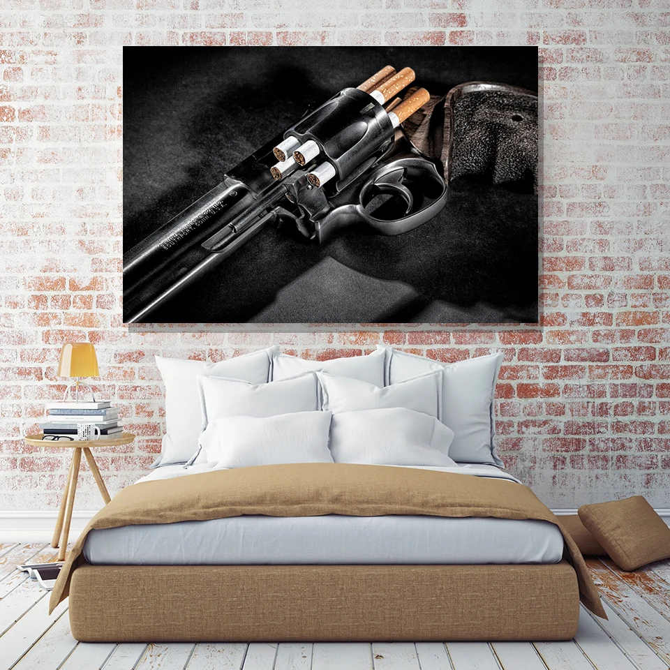

Revolver Weapon Gun Cigarette Wall Art Home Decor Frame Canvas Pictures HD Prints Gun Pistol Paintings Boy Teen Bedroom Posters