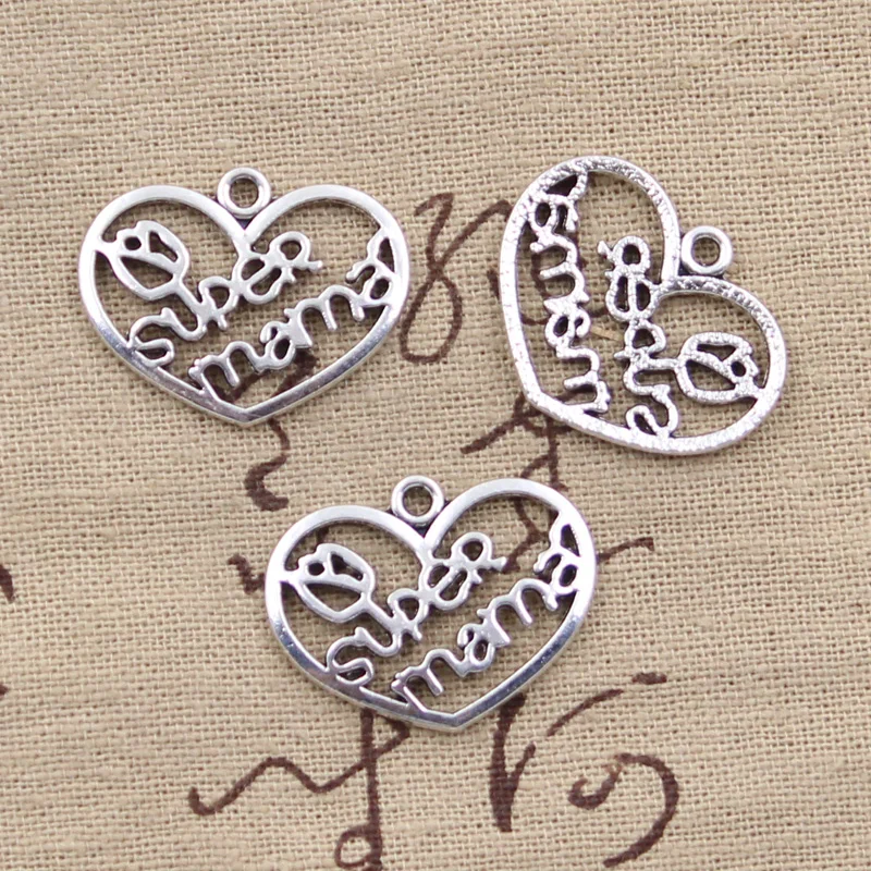 

10pcs Charms Heart Super Mama 20x26mm Antique Making Pendant fit,Vintage Tibetan Silver color,DIY Handmade Jewelry