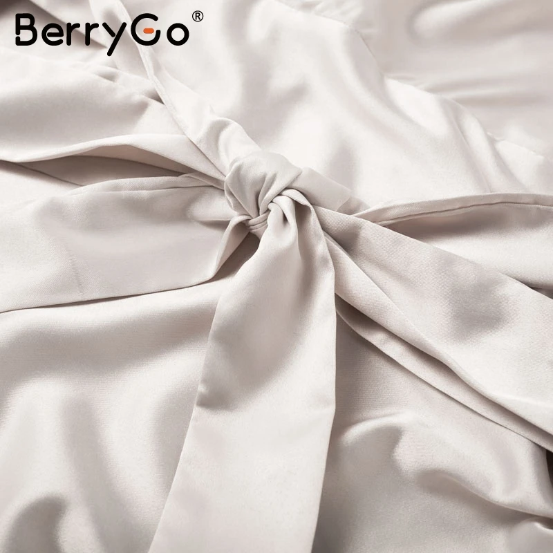BerryGo, элегантное атласное платье с рюшами, женское, с длинным рукавом, с рюшами, с завязками на шее, женские короткие платья, вечерние, Клубные, с поясом, дамские платья