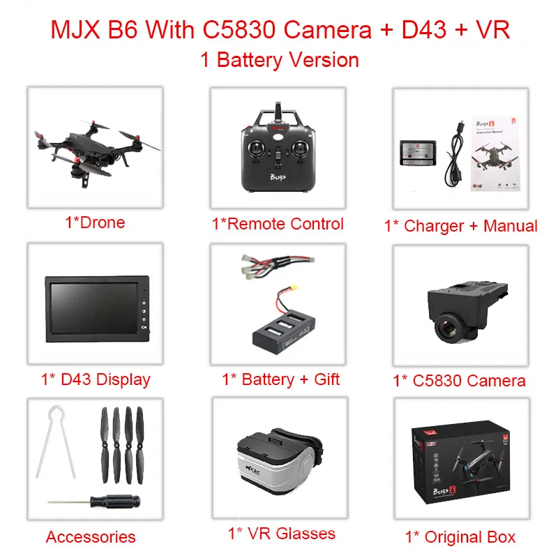 MJX Bugs 6 B6 2,4G RC вертолет высокоскоростной бесщеточный двигатель RC Дрон с камерой FPV передача изображения в реальном времени RC Квадрокоптер - Цвет: C5830-D43-VR-1Bat