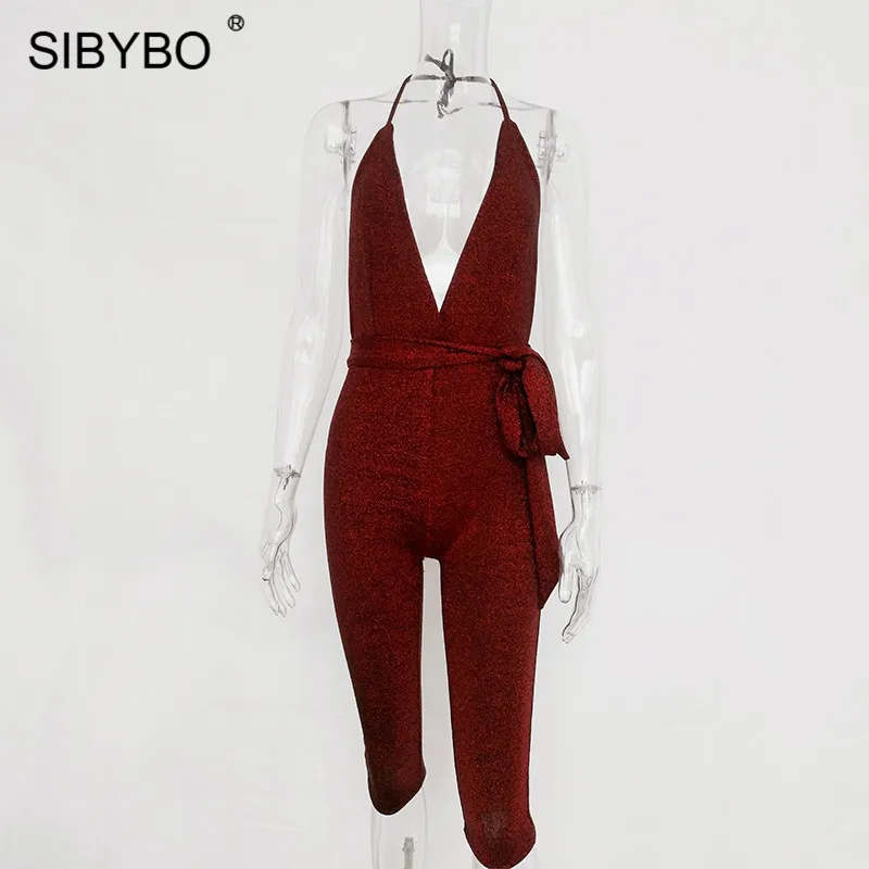 Sibybo сексуальный женский комбинезон с глубоким v-образным вырезом и открытой спиной, без рукавов, обтягивающий короткий комбинезон с поясом, Женский Летний комбинезон