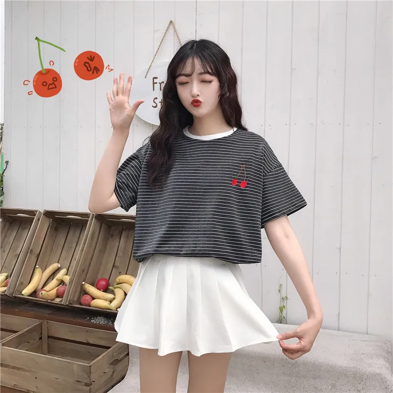 Ulzzang элегантный дизайн лучшие друзья футболка для женщин в полоску топы лето KPOP Корея фрукты вышивка женская футболка Милая одежда