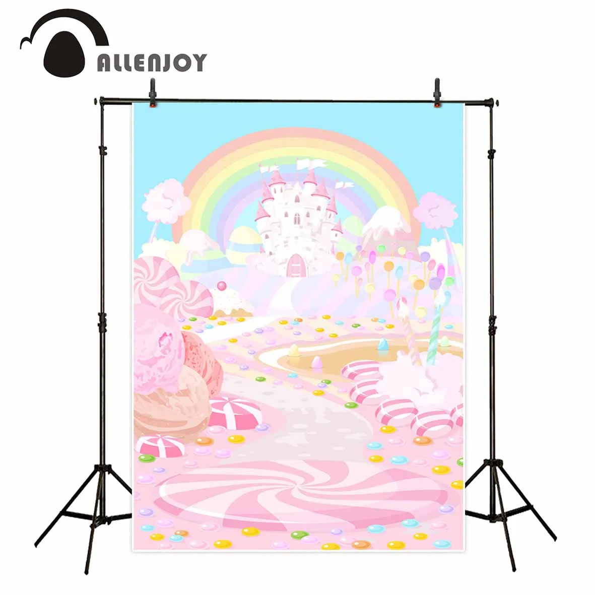 

Allenjoy children candy pink rainbow castle photography backgrounds cartoon lovely cute baby shower party custom photo backdrops