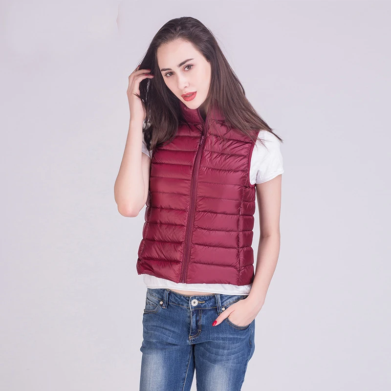 Wine red Новинка, зимний жилет на 90% белом утином пуху, теплый тонкий женский пуховик на молнии с воротником-стойкой, 12 цветов, S-3XL - Цвет: Wine red