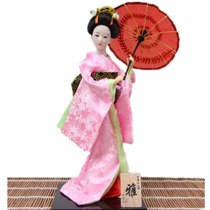 

30cm Pink Color Japanese Geisha Doll with Umbrella Statues For Home Decor Crafts Ornaments