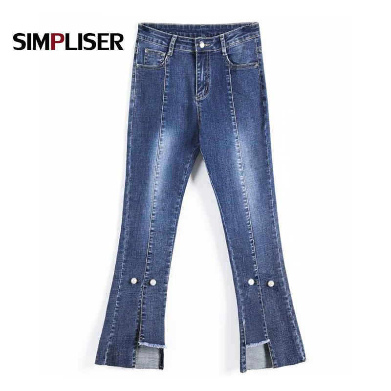 Beading Women Denim Blue Black Jeans Pants Slim Fit Flared Ladies Mid Waist Trousers Plus Size 32 Femme Pantalon Capri | Женская одежда