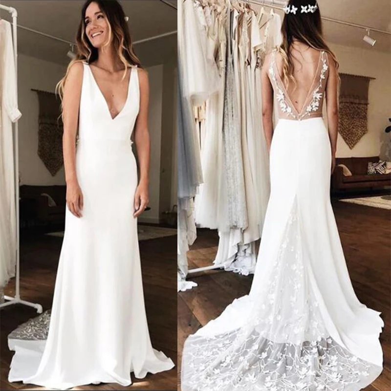 

Sexy Deep V-neck Mermaid Wedding Dresses White Ivory 3D Lace Robe De Maria Backless Chapel Train Vestido De Noiva Custom Made
