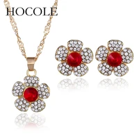 hocole 2018 new exquisite jewelry set for women gold color rhinestone crystal flower pendant necklace drop earrings set gift