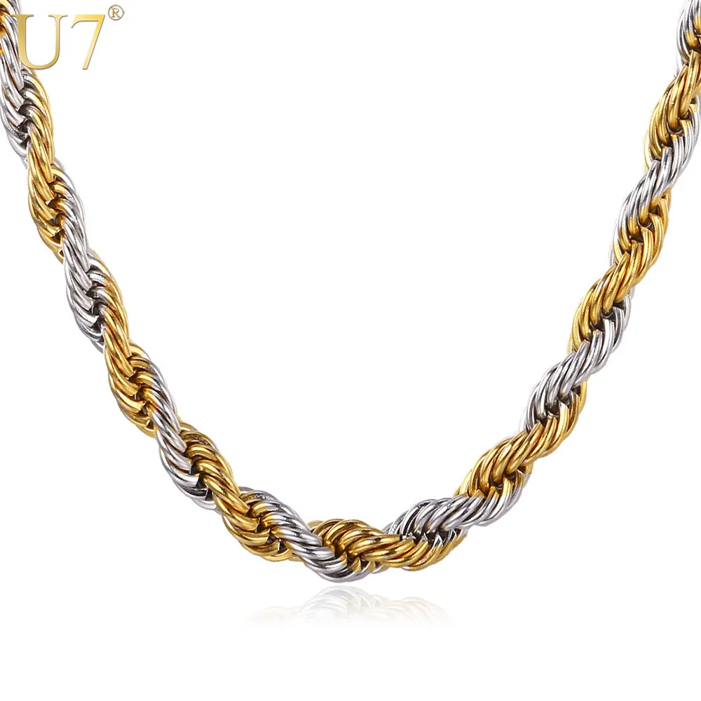 

U7 Two Tone Gold Color Necklace Stainless Steel 5MM 18/22/26/28/30 Inches Rope Chain Necklace Hiphop Men Brand Jewelry N419