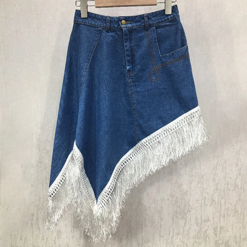TWOTWINSTYLE, корейский стиль, с кисточками, пэчворк, Женская юбка, высокая талия, тонкая, нестандартная, джинсовые юбки, женская модная одежда,, летняя Новинка