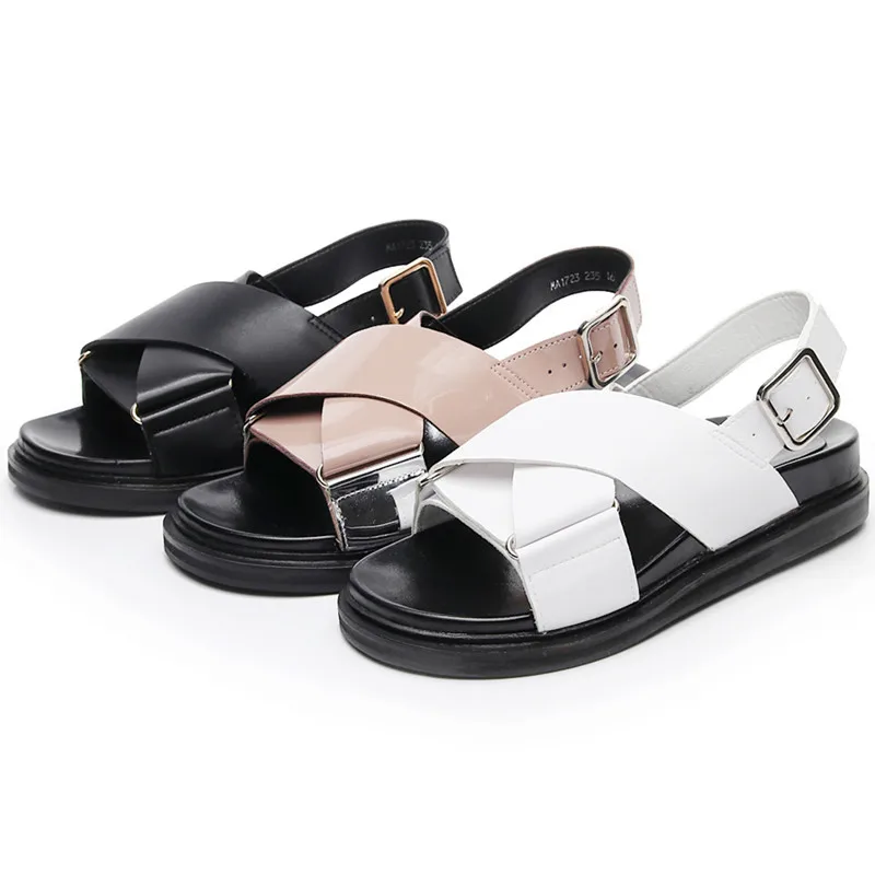

Genuine Leather Women Sandals Gladiator Summer Shoes Flat Platform Black Woman Casual Shoes Peep Toes Beach Sandals Mujer 2019