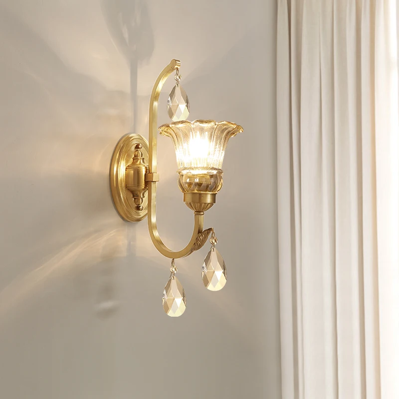 

American Country Copper LED Crystal Wall Lamp for Living Room Bedroom Simple Bedside Decoration Golden Glass Wall Light Fixture
