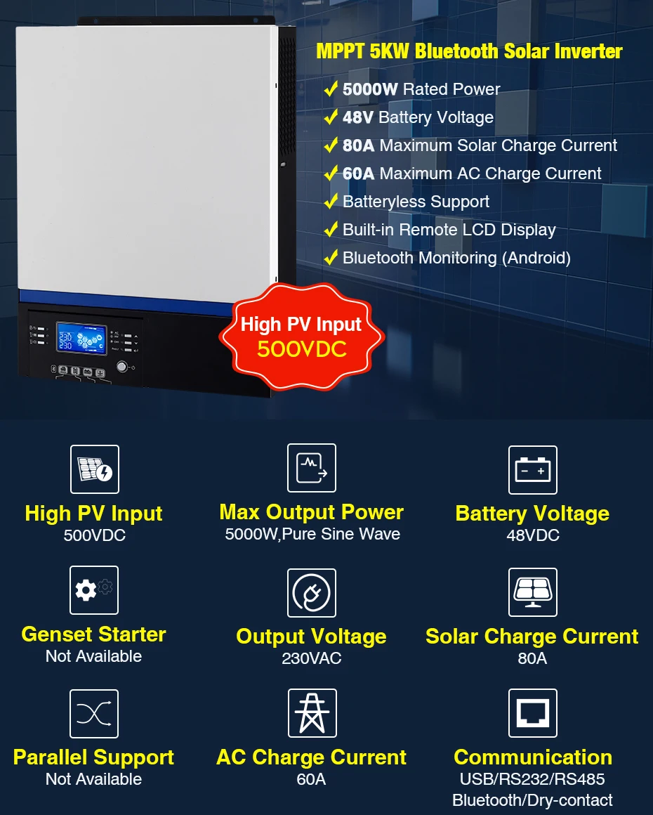 Солнечный инвертор 500Vdc 5000W 80A MPPT 48V 220V решетки инвертор 5Kva чистая синусоида инвертор 60A зарядное устройство