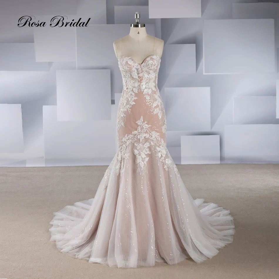 Rosabridal Mermaid wedding dress 2018 Vestido de novia wholesale strapless boning bodice appliques over gray tulle with tail | Свадьбы и