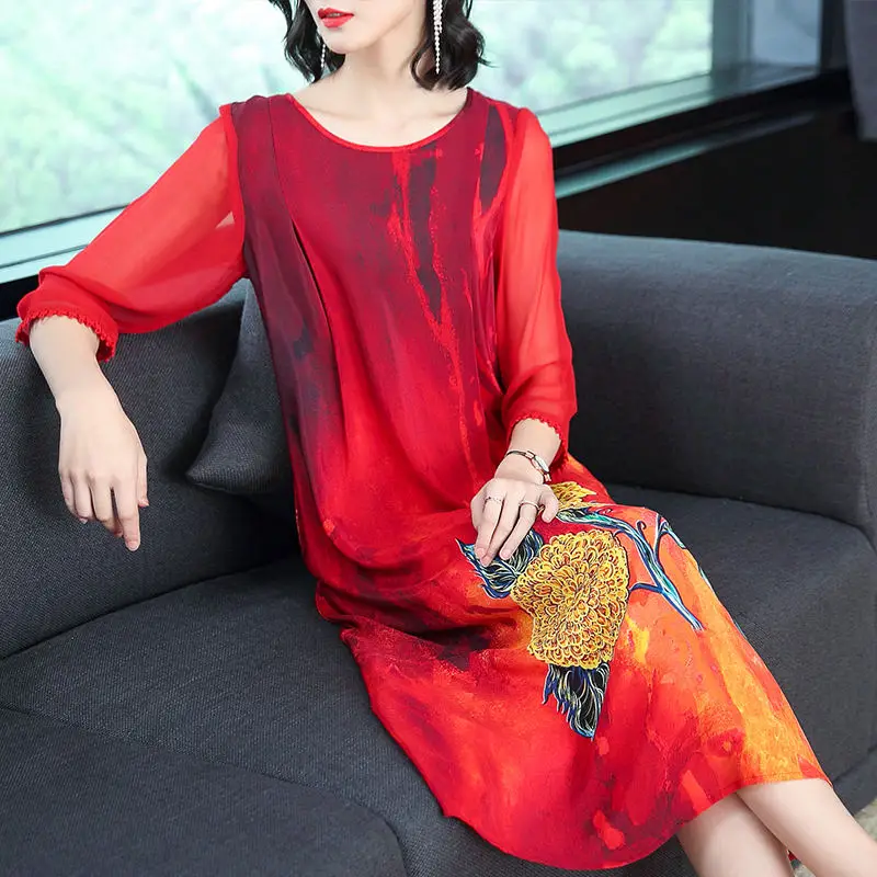 Женское шифоновое платье с принтом элегантное свободное большого размера