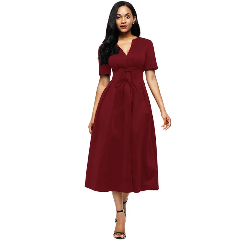 LOVEBATU Brand Ankle Length Dress Splicing Bow Tie Shot Sleeve Dresses | Женская одежда