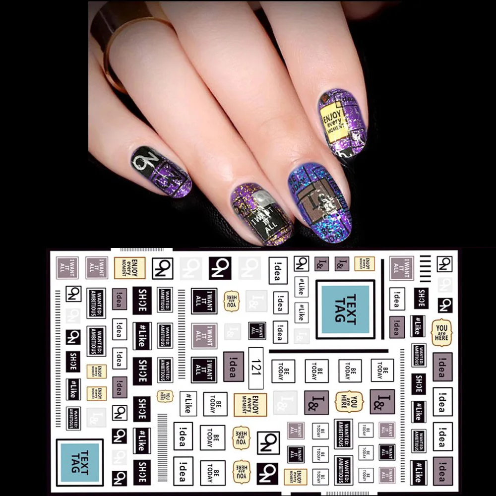 1 с буквами на листе слова шаблон стикеры 3D ногти Nail Art Клей ногтей Советы Наклейка