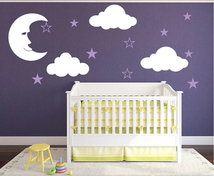 Красивая наклейка для детской комнаты с пушистыми облаками человек на Луне и