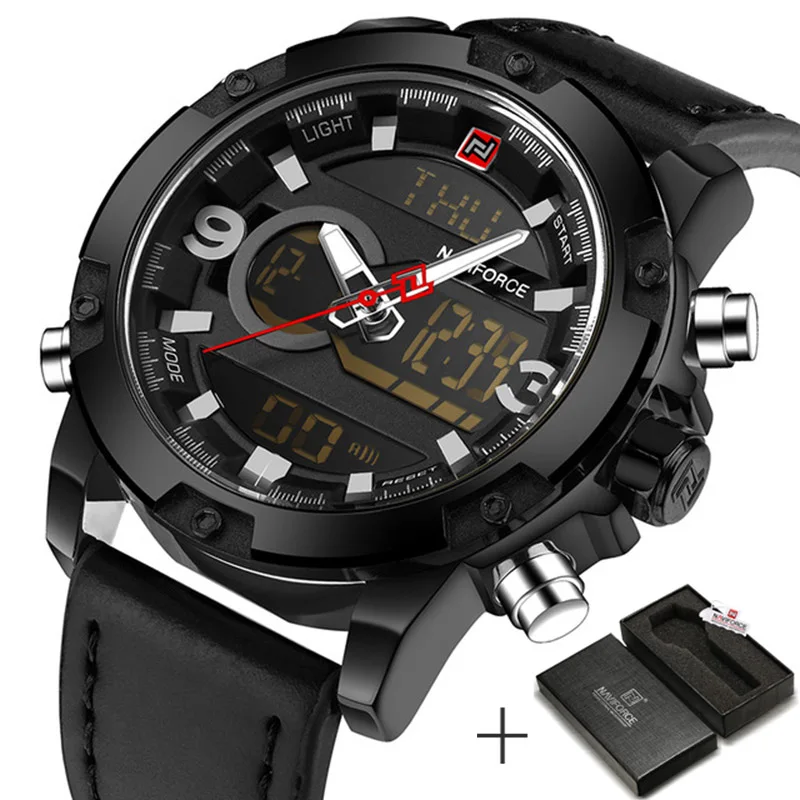 black black NAVIFORCE люксовый бренд Мужские Аналоговые Цифровые кожаные спортивные часы мужские армейские военные часы Мужские кварцевые часы Relogio Masculino - Цвет: black black