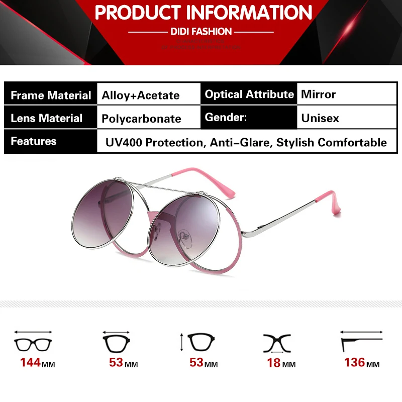 Солнцезащитные очки DIDI Lovers в стиле стимпанк тонкие круглые розовой оправе с