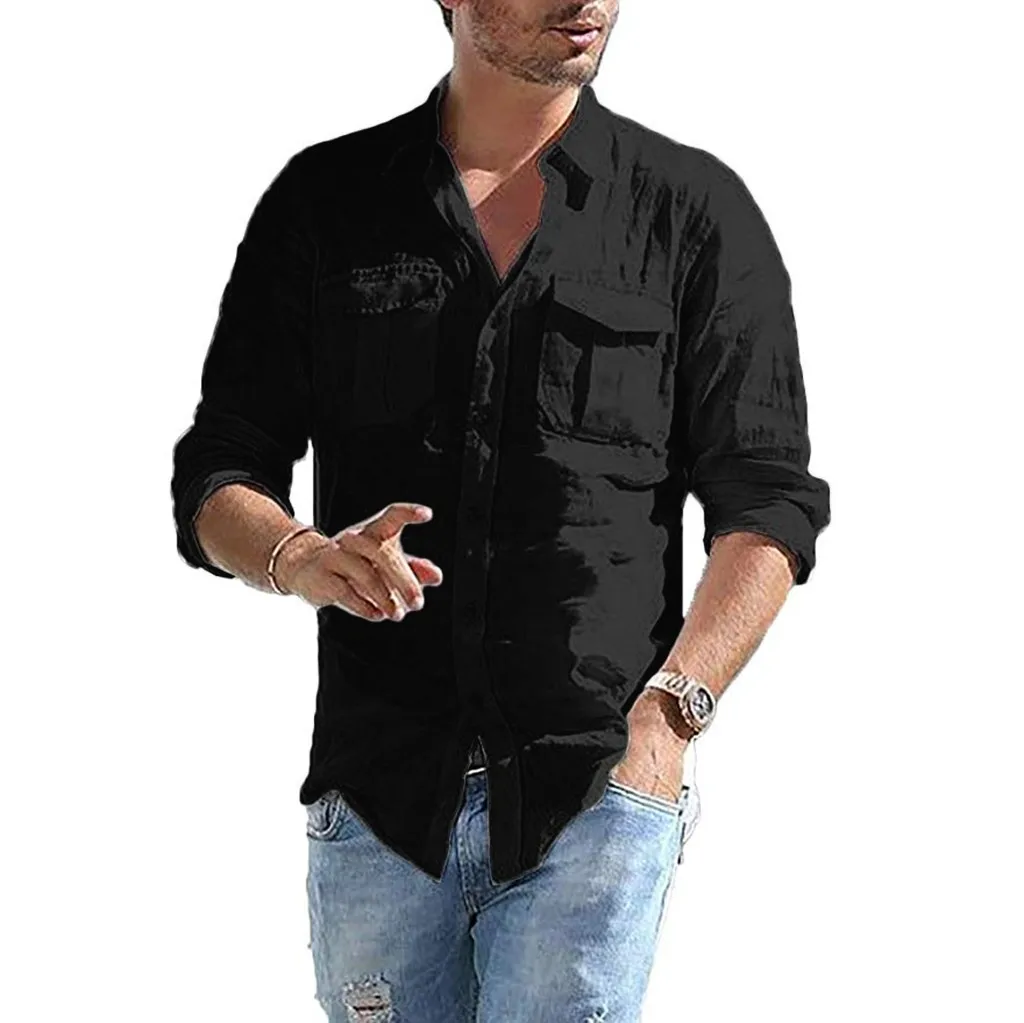 Men Shirt Fashion Linen Shirt Men Casual Slim Linen Solid Long Sleeve Shirt Hawaiian Beach Shirt European Size Camisa Masculina