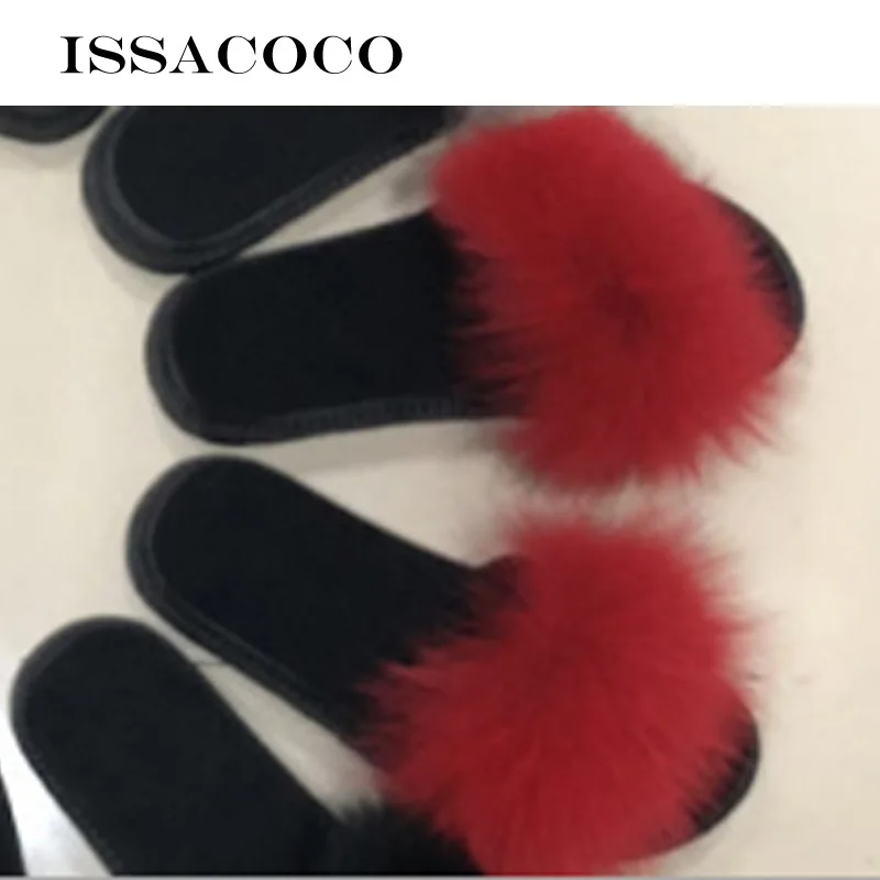 Red ISSACOCO/женские шлепанцы из натурального Лисьего меха; женские нескользящие пушистые меховые тапочки; женские пушистые тапочки; милые плюшевые тапочки с лисьим мехом - Цвет: Red