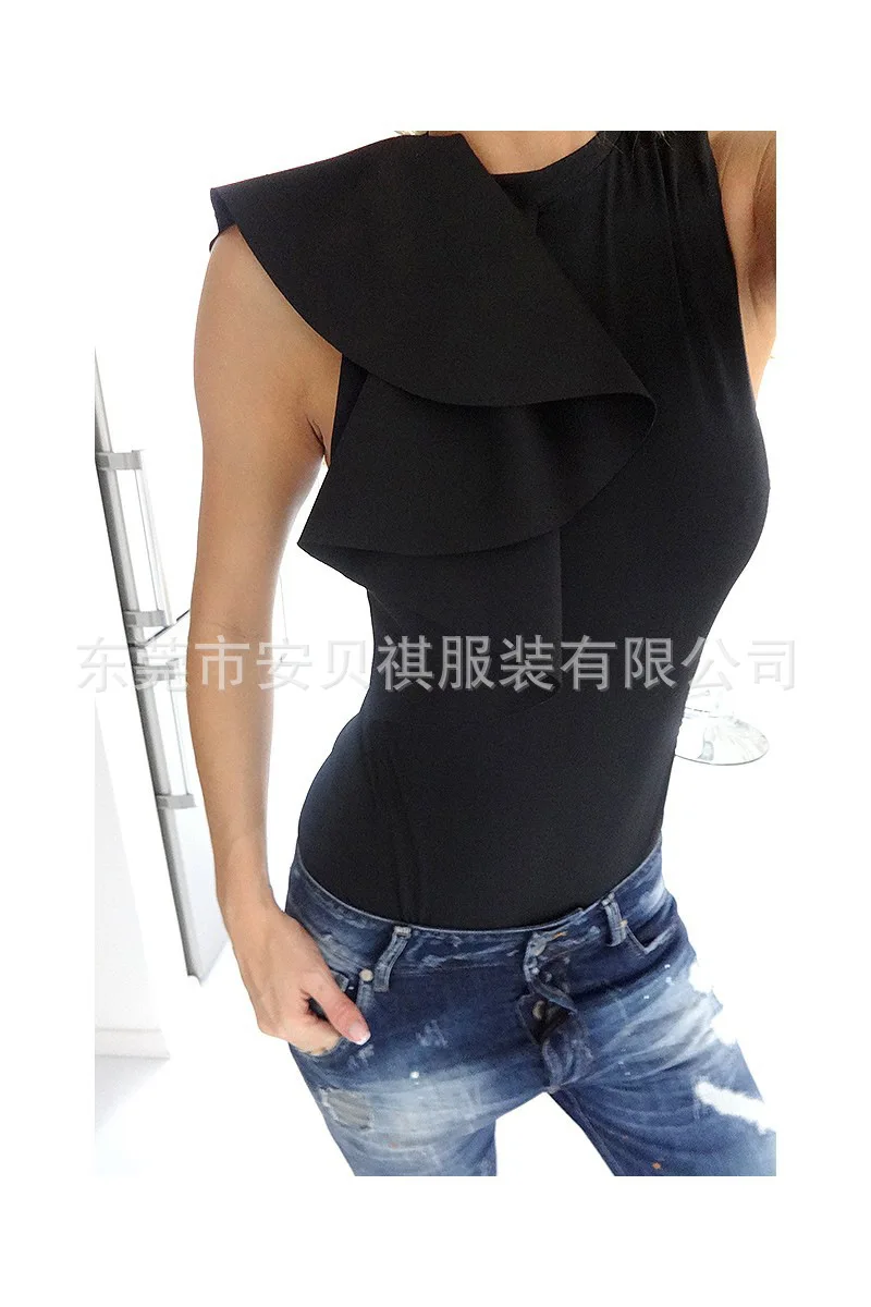 black bodysuit Элегантный однотонный Облегающий комбинезон с оборками для женщин, повседневный облегающий женский комбинезон с круглым вырезом без рукавов, сексуальный комбинезон на молнии - Цвет: black bodysuit